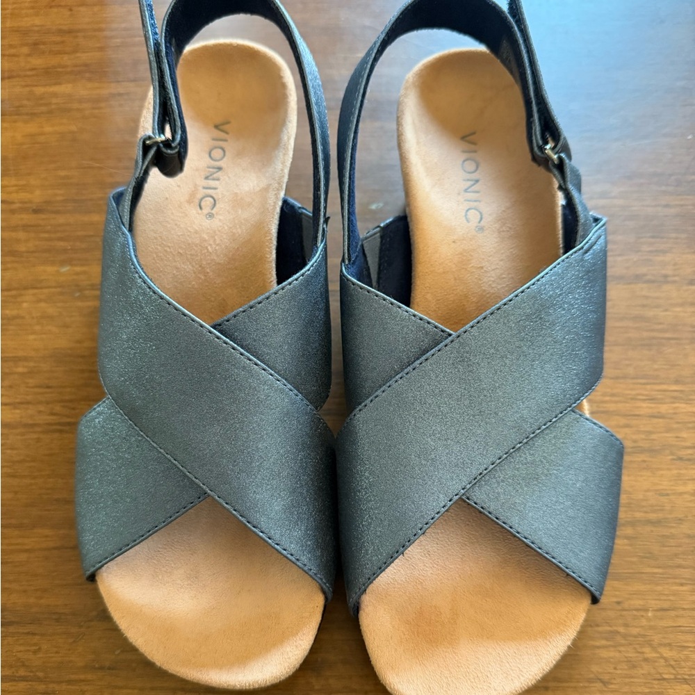 ~SOLD~ Vionic 9 McKenna Blue Metallic Sandals Crossover Straps Slingback New